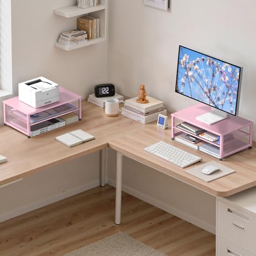 Image of ECOLOVI 2-Tier Computer Monitor Stand Riser, Printer & Laptop Stand, Office Desk Accessories, Workspace Desk Organizer for Home Office Supplies, Pink