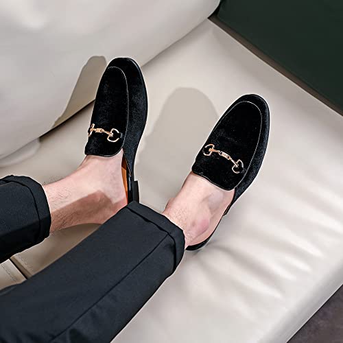 FLQL Mens Shoes Luxury Velvet Gold Buckle Slip-on Penny Loafers Casual Smoking Slippers Indoor Outdoor Sandals Black Size 7-133