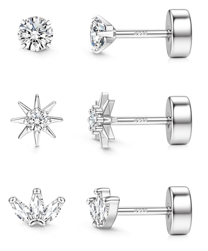 JeweBella 3 Pares Pendientes Plata de Ley 925 para Mujer Chapada en Oro de 14K Piercing Oreja Circonio Luna Corazón Pequeños - Oro Juego