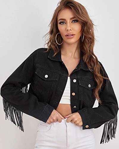 Women's Fringe Jean Jacket Tassel Distressed Ripped Crop Denim Jackets2