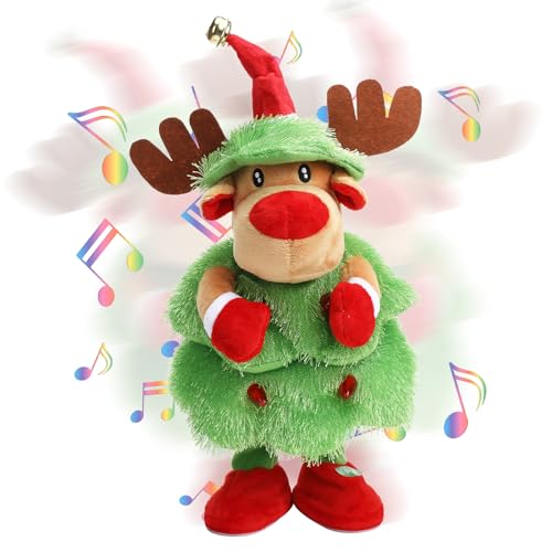 Aceshop Árbol de Navidad Que Canta y Baila, 15' Reno de Peluche Con Música y Luces, Muñeco Bailando, Juguete Eléctrico, Adornos y Decoración, Regalos