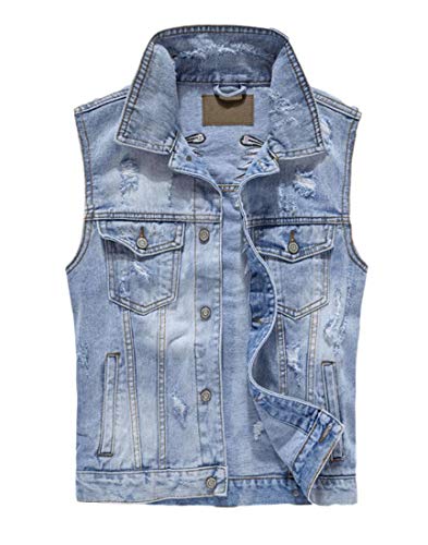 Image of Idopy Men`s Retro Ripped Denim Jeans Vest Sleeveless Jacket (Small, Blue Wings)