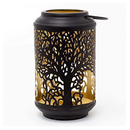 18cm Black Metal Tree Of Life Cut Out Hanging Lantern | Decorative Tea Light Candle Holders For Home Garden Patio | Hurricane Candle Lantern