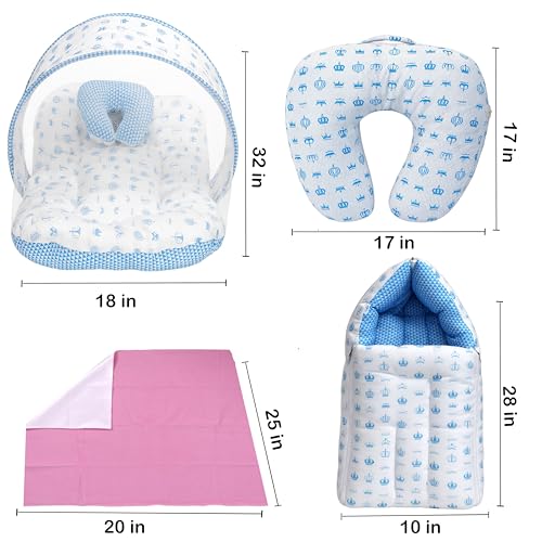 Image of Fareto Combo of Baby Bed with Net | Carry Bag | 4 Pcs Bedding Set (0-6 Months, Baby Size, Cotton) (Tj Blue)