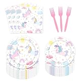 AEMUYA 96-Piece Unicorn Party Supplies Set - Magical Pastel Rainbow Tableware Kit for Girls Birthday, Serves 24 Guests with Plates, Napkins, Forks, Eco-Friendly Disposable Decorations