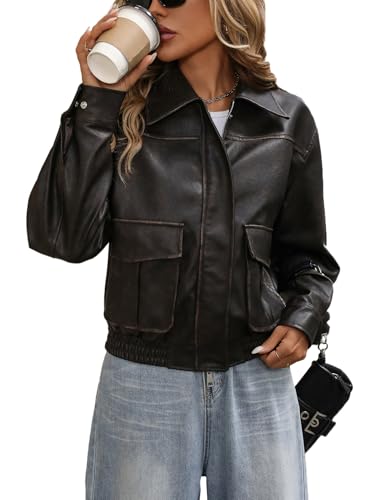 LY VAREY LIN Women Faux Leather Bomber Jacket Distressed Button Front Aviator Biker Coat