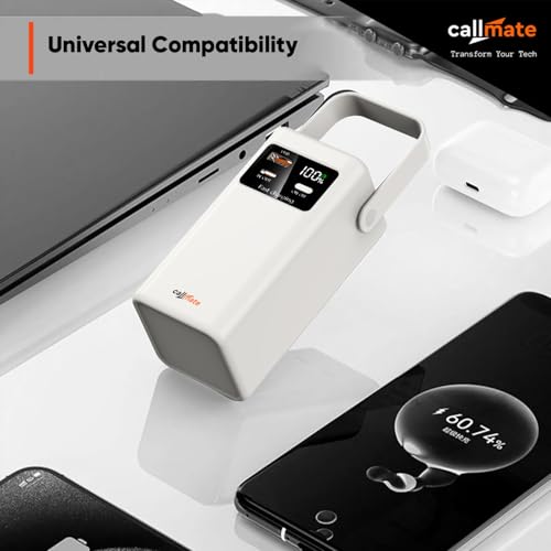 Image of CALLMATE Tripmate 20000mAh 23W Fast Charging Power Bank, USB-C PD + USB-A QC Output with Detachable Type-C & Lightn-ing Cable (LED Foldable Light with Digital Display)(Off-White)