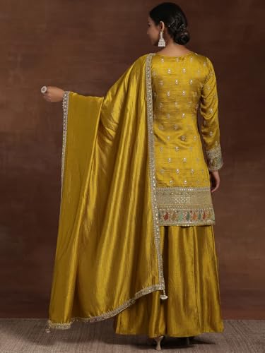 Image of Libas Womens Embroidered Silk Blend Straight Kurta with Palazzos and Dupatta | ethnic wear | bridal suit | wedding dress | occasion wear
