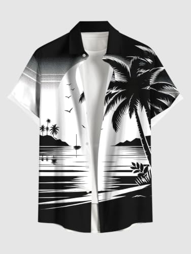 Image of Matchable Couple Hawaiian Coconut Tree Print Shirt or Plus Size Midi Cold Shoulder Dress