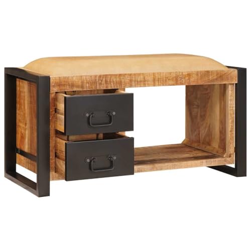 faucqel Banco con espacio de almacenamiento de madera maciza de mango marrón 80 x 35 x 40 cm, banco para guardarropa y baúl con 2 cajones, banco de asiento para pasillo para ordenar y uso versátil