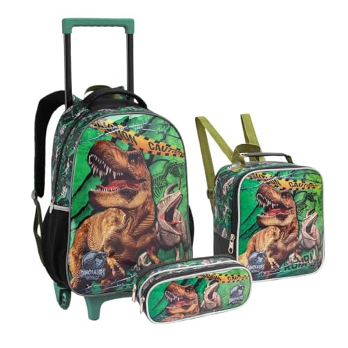 Mochila Infantil Rodinha Dinossauro com Lancheira e Estojo Verde