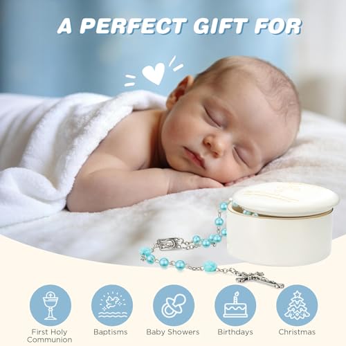 Image of NORBU Baptism Gifts for Girl, My First Rosary with Ceramic Keepsake Box, Rosary for Kids, First Communion & Baby Dedication Gifts for Newborn Baby Boys Catholic Christening Gift