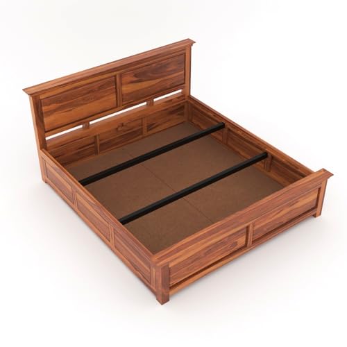 Image of Sheesham Wood King Size Bed with Storage Box | Wooden Box Bed King Size Double Cot Bed with Storage for Bedroom | Premium 2 Dalla Design Headboard Bed for Hotel, Home | Honey Finish