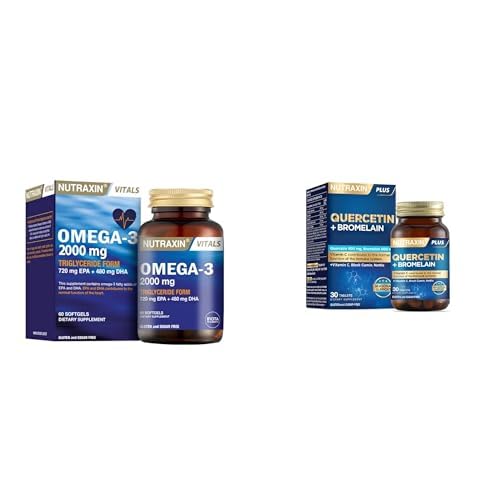 Nutraxin Vitals Omega-3 2000 mg EPA + DHA Balık Yağı 60 kapsül + Nutraxin Quercetin + Bromelain 30 Tablet – C Vitamini, Çörek Otu ve Isırgan Otu İçerikli Bağışıklık Destekleyici Takviye