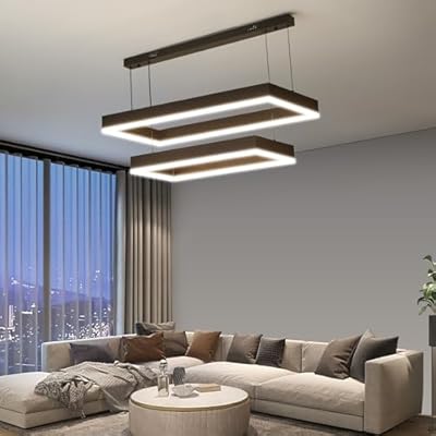 Modern Pendant Light Fixture, LED Black Chandelier for Kitchen Island, 2 Layer Rectangle Adjustable Height, Dimmable 3000K-6500K Ceiling Hanging Light for Dining Room Table, Bedroom, Living Room