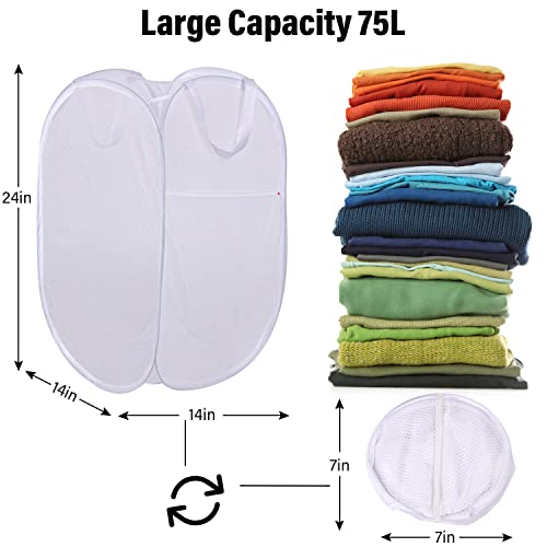 Image of BATTOO Deluxe Strong Mesh Pop up Laundry Hamper Basket with Side Pocket Foldable Hamper for Laundry Room, Bathroom, Kids Room, College Dorm or Travel Grey + White