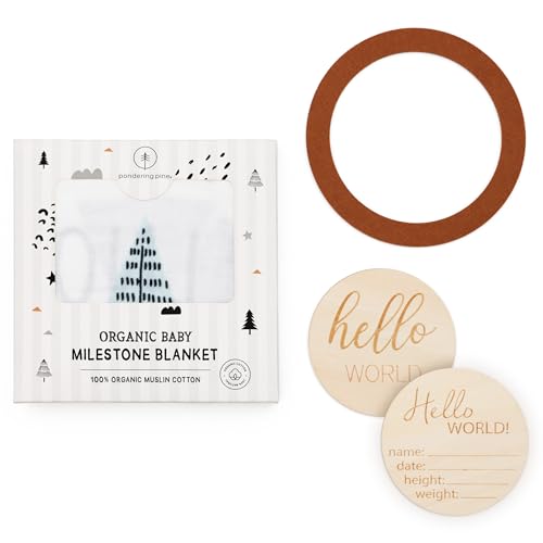 Image of Pondering Pine Organic Baby Monthly Milestone Blanket Boy - Growth Age Blanket for 1-12 Months Milestones with Month Marker Frame and Newborn Announcement Disc, Woodland, Bear, 47 inchx47 inch