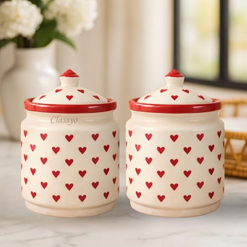 Image of Classyo Ceramic Storage Containers - 700 ml, Salt Container, Pickle Jar with lid, Ceramic Jars for Kitchen Storage for Achar and Namak (Set of 2, Heart Design)