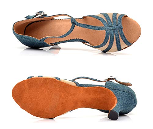 TDA Women's Flared Heel T-Strap Mesh Denim Fabric Salsa Tango Rumba Samba Latin Modern Dance Shoes3