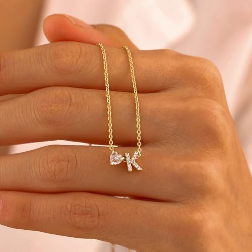 Initial Heart Necklaces for Women - Dainty Cute Necklace Small Layered 14K Gold Plated A-Z Letter CZ Pendant Trendy Satellite Chain Necklaces for Women Non Tarnish Gold Jewelry Set Gift