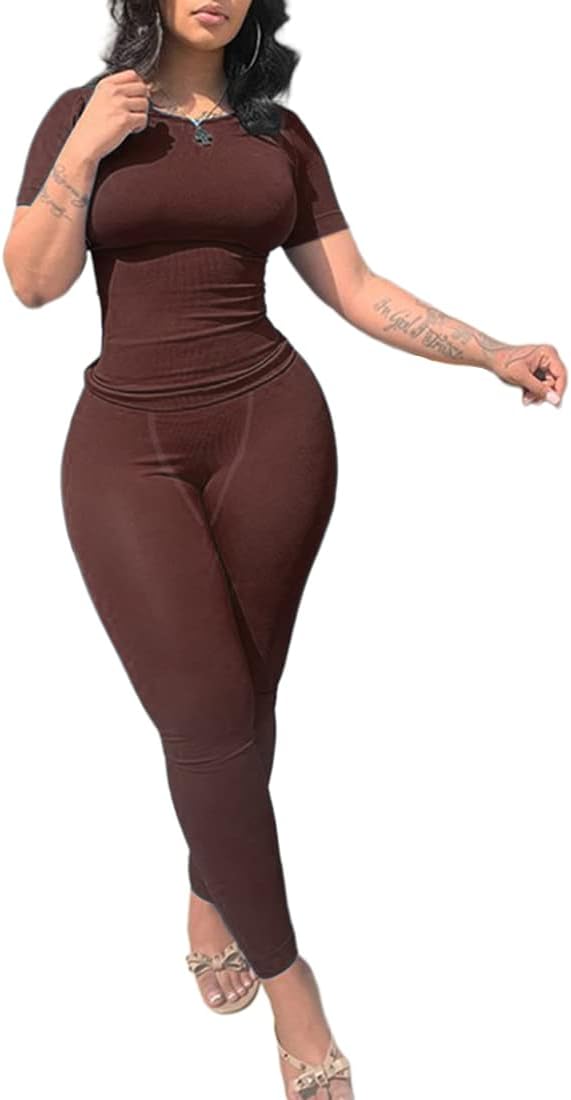 Casual Workout 2 Piece bodycon casual outfit Women Ribbed Set Short Sleeve Elastic Leggings LoungeWear activewear