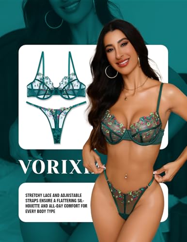 Image of Lingerie Sexy Bra and Panty Set for Women See Through Sheer Underwear Cute Exotic Floral Embroidery Babydoll Set