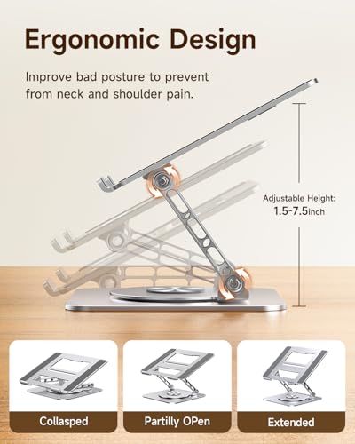 Image of MCHOSE Laptop Stand for Desk, Ergonomic Laptop Riser with 360 Rotating Base, Foldable Notebook Computer Holder Stand Compatible with MacBook Air Pro, Dell XPS, More 10-15 inch Laptops, Silver
