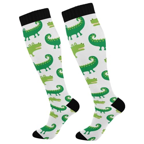 Pigsaly Cartoon Crocodiles Women's Compression Socks Green Alligator Athletic Tube Sock Unisex Casual Knee High Socks Outdoor Sport Socks For Running Hiking Travel