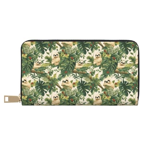 Leather Thin Slim Wallets for Women Men - Fashion Tropical Plant Sloth Print Card Wallet Holder with Zipper