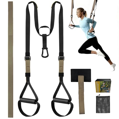 EIGFOH Correas de Entrenamiento en Suspensión, Kit Completo para Ejercicios de Fuerza, Entrenamiento en Casa, Negro y Verde (Verde militar, E2)
