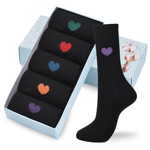 Image of Corlap Women's Cotton Crew Calf Socks - 5 Pairs Ankle High Dress Casual Socks, Fun Cute Heart Gifts for Mom Mother