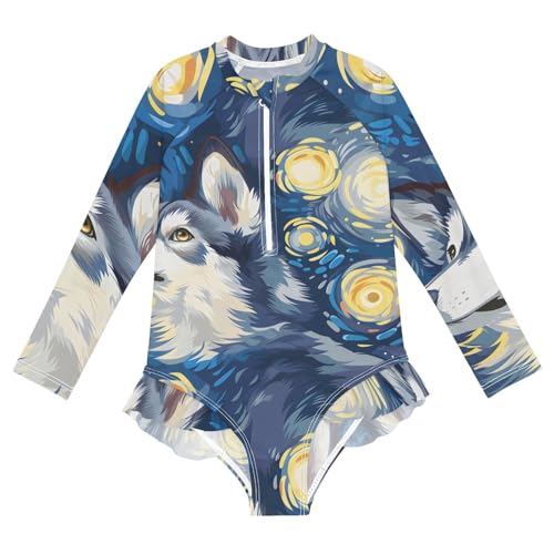 Girls One Piece Swimsuits Long Sleeve Swimsuit Zipper Bathing Suits Husky Dog Van Gogh's Starry Sky
