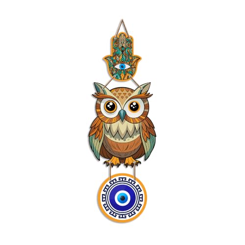Image of Artvibes Lucky Owl Evil Eye Hanging Decor for Main Door & Entrance | Nazar Protection MDF Wall Art | Vastu Decorative Accent for Living Room | Office | Balcony & Hallway | Home Decoration (WH 8524N)