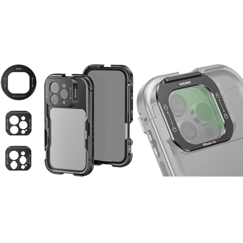 NEEWER 16 Pro Cage, Quick Release Video Rig Phone Stabilizer Compatible with iPhone 16 Pro with 67mm Filter Adapter, 17mm Lens Backplate, FL-I5 1/4 Black Diffusion Phone Lens Filter Included