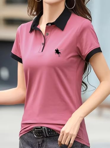 Image of GLASGO Pure Cotton Regular Fit Plain Solid Classic Polo Collar Half Sleeve T-Shirt for Women (Colors: Black, Brown, Peach, Pink)