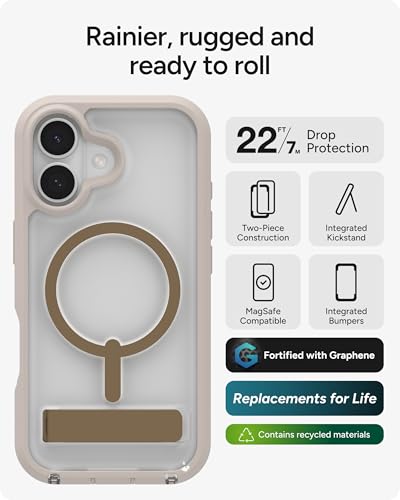 Image of ZAGG Rainier Case with Kickstand for iPhone 17 - Gray Sandstone, Graphene 22ft (7m) Drop Protection, Lanyard Attach Points, MagSafe, Wireless Charging Compatible, 2-Piece Design, Phone Case