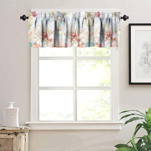 Image of Vintage Seashell Starfish Window Valance Curtain, Retro Nautical Undersea Beach Coastal Sea Coral Window Treatment Valances for Kitchen Living Room Cafe Decor 54'x18', 1 Panel