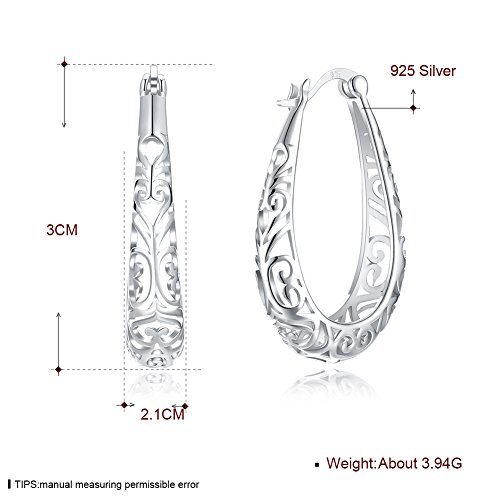 Vintage Filigree 925 Sterling Silver Oval Chandelier Small Hoop Earrings for Women Fashion Boho Hollow-out Texture Flower Dainty Teardrop Huggie Hoops Dangle Hypoallergenic Click Top Trendy Jewelry Christmas Gifts Birthday2