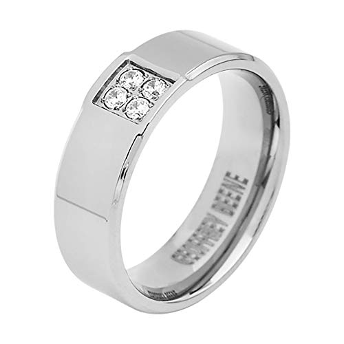 Geoffrey Beene Mens Comfort Fit Stainless Steel Ring Wedding Band with 4 Cubic Zirconia Stones, Sliver