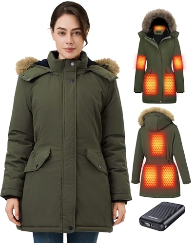 GOTOBI Chaqueta Calefactable Mujer Con Batería De 12V 18400 Mah, 8 Zonas De Calentamiento con 3 Niveles de Temperatura, Chaqueta Cortaviento y Cálido de invierno con Capucha de ExtraíBle,Verde,M