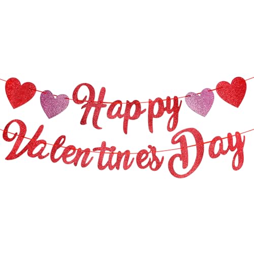 Image of Happy Valentine's Day Banner - Red Pink Glitter Valentine Banner Sign with Hearts Garland, NO DIY Required, Valentine's Day Outdoor Indoor Home Hanging Decorations