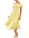 Damen Sommerkleid Puffärmel A Linie Maxi Blumenkleid mit Taschen für Hochzeitsgäste Strand Gelb M