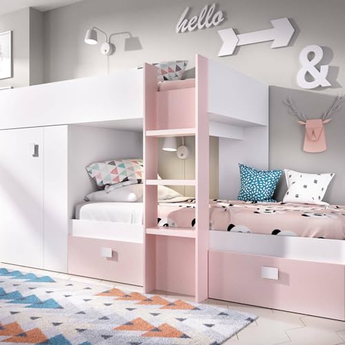 Dmora - Composition de la Chambre à Coucher Cevedale, Chambre complète, Composition de Lits superposés avec Deux Lits Simples, 271x111h150 cm, Blanc et Rose