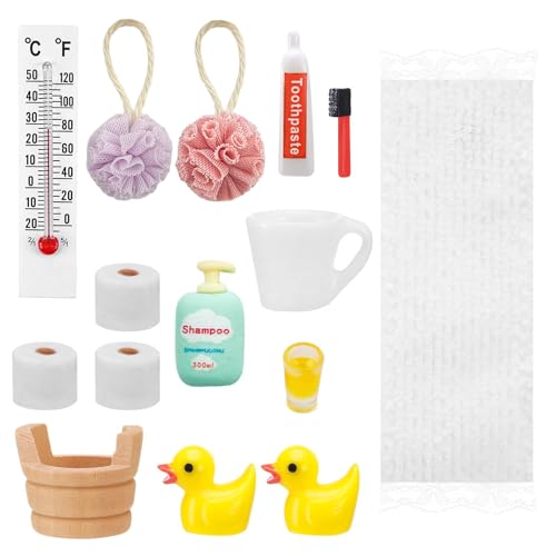 Wichtel Zubehör, Miniatur Wichtelzubehör Bade-Set, mit Mini Zahnpasta Zahnbürste Badeschwamm Ente Klopapier Rollen Toilettenartikel, für Weihnachten Wichteltür Puppenhaus Badezimmer Zubehör Möbel Deko