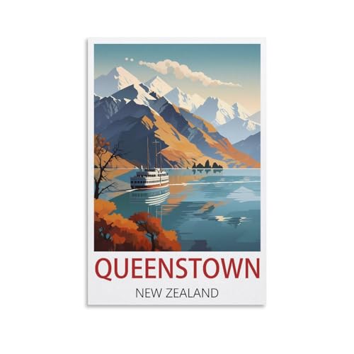 Poster vintage Nouvelle-Zélande Queenstown déco murale salon toile retro 50x75 cm