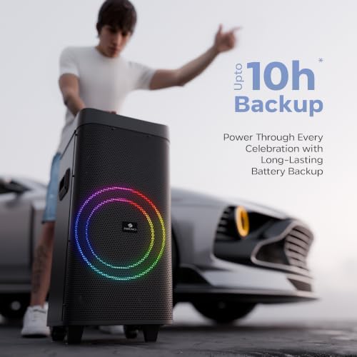 Image of ZEBRONICS Party Fyre 900 200W DJ Trolley Speaker, Up to 10hrs Playback, 30.48cm Full Range Driver, BT v5.3, USB, mSD, AUX, TWS, RGB Lights, LED Display, Dual UHF Mics, Built-in Battery