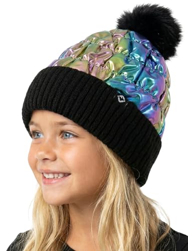 Funky Junque Girls Toddler Sparkle Unicorn Pom Beanie Fleece Lined Faux Fur Winter Hat Ages 2-5 - Black/Multicolor