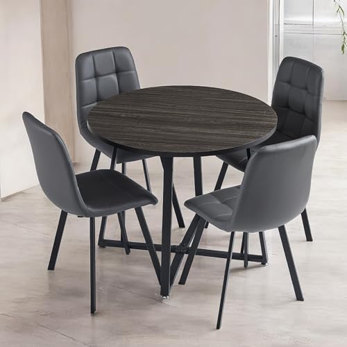 Image of Mid Century Modern 35 inch Round Wood Top Cross Legs Dining Table Set for 4, Cozy Faux Leather Chairs w /Steel Legs, Coffee Table for Kitchen, Office, Save Space (Grey Top, Grey Chairs)