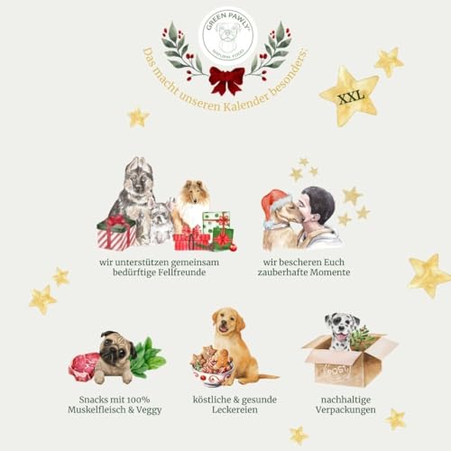Green PAWLY® XXL Hunde Adventskalender 2024 | Premium Hundeleckerlies | 420 Gramm Inhalt | 100% Lebensmittelqualität | Ohne Chemie | Muskelfleisch und Veggy