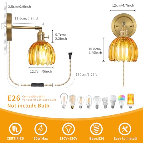 Image of Plug in Wall Sconces Set of 2 Vintage Bedroom Bedside Wall Lights with Tulip Glass Shade 180 Adjustable Victorian Art Modern Wall Lamp Fixtures Decor for Bathroom Living Room Corridor